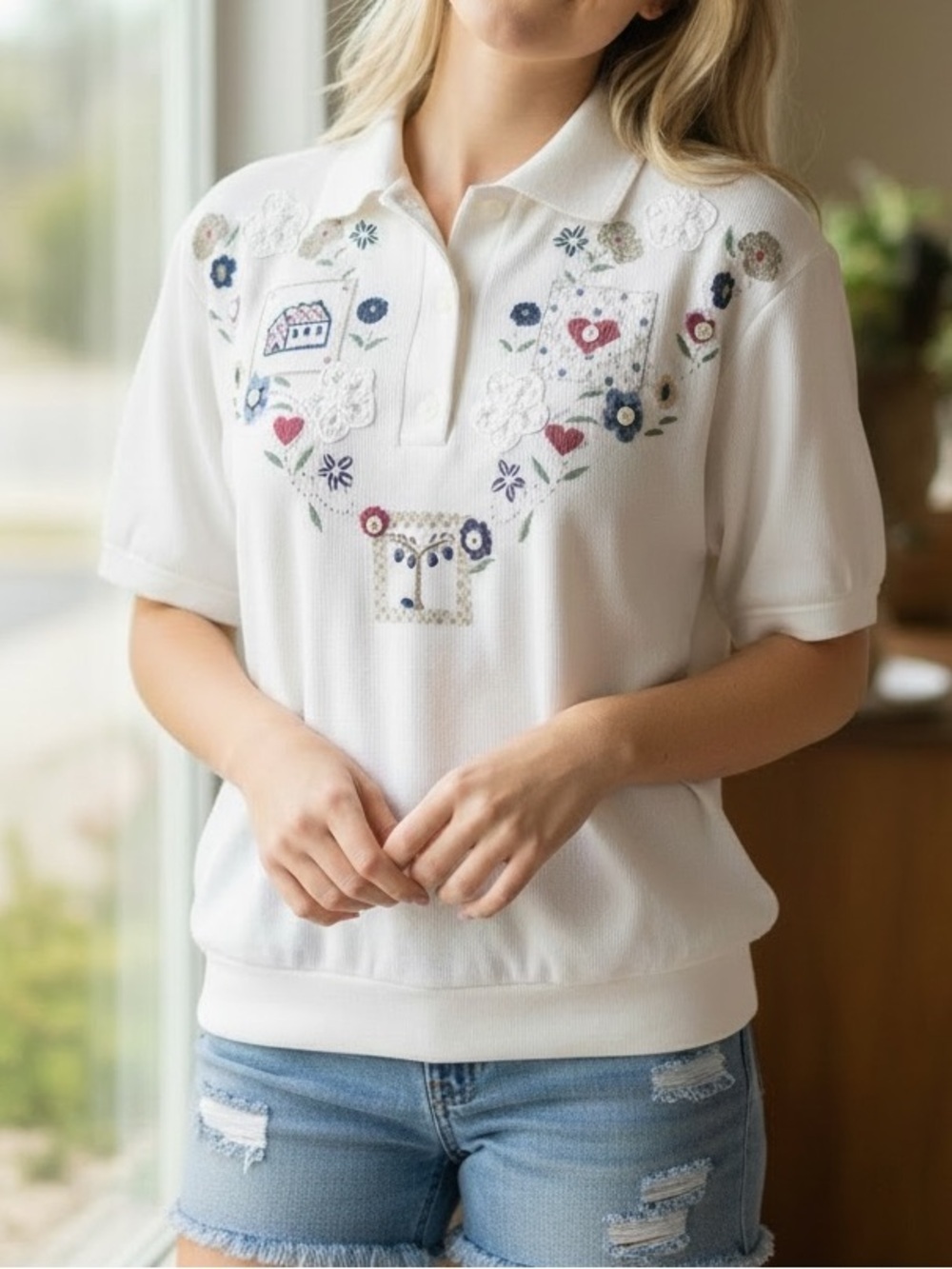 VTG Teddi Petite White Collared Polo with Folksy Embroidery and Appliqué Top